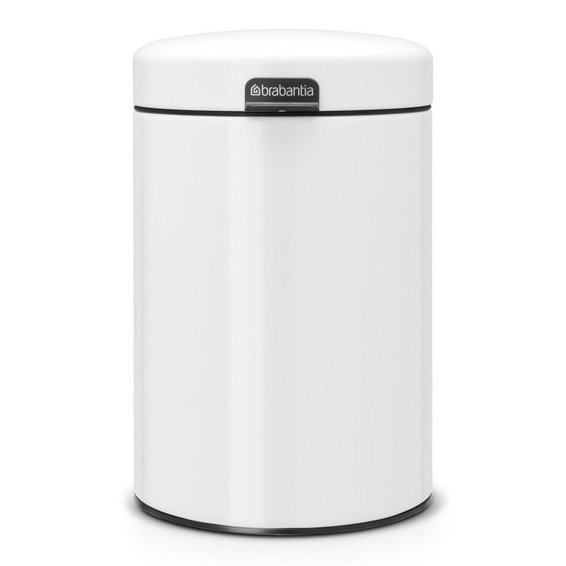 White trash can with black rim on a white background, featuring Brabantia logo.