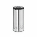 Stainless steel trash can with perforated design on a white background