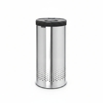 Stainless steel trash can with perforated design on a white background
