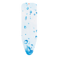 Blue ironing board cover with water droplet pattern on a white background