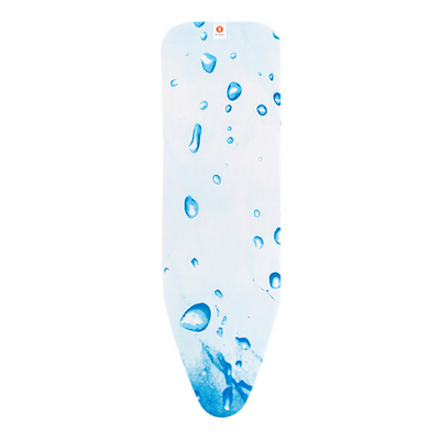 Blue ironing board cover with water droplet pattern on a white background