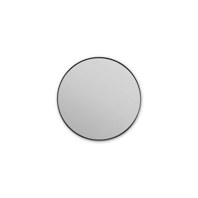 Round mirror with black frame on a white background