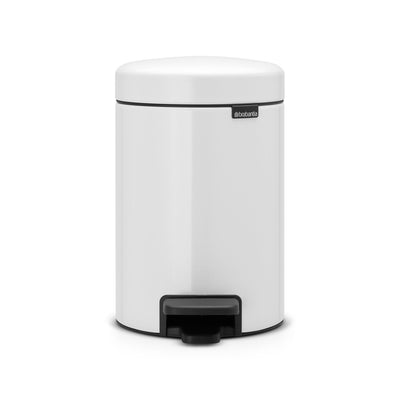 White trash can with black pedal on a white background