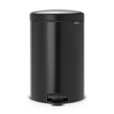 Black trash can with a step lid on a white background