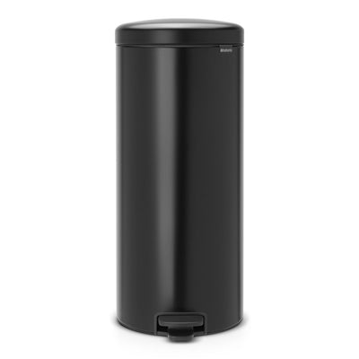 Black trash can with a step lid on a white background
