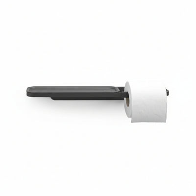 Black paper towel holder with a roll of white paper towels on a white background